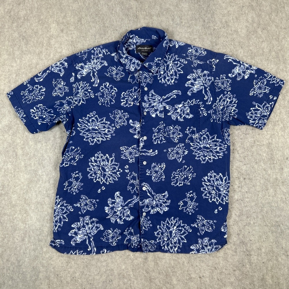 Eddie Bauer Shirt Men's L Blue White Classic Fit Short Sleeve Hawaiian Tropical‎